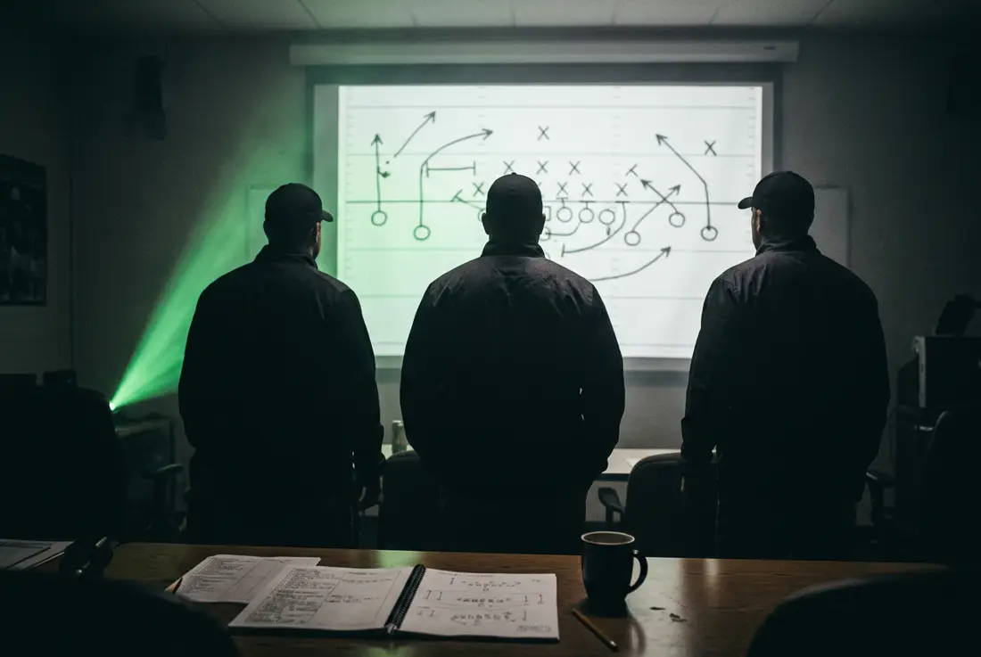 Three coaches watching a projected play diagram in a dark film room before sunrise
